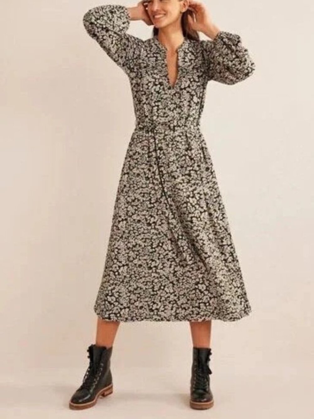 NWT Boden Notch Neck Jersey Midi Dress Black Floral Size 12P